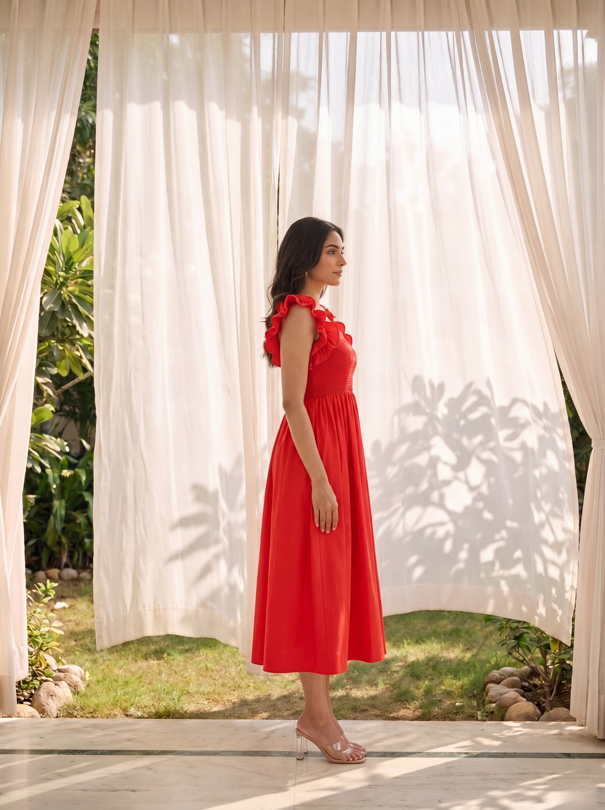 Red Ruffle Strap Maxi Dress