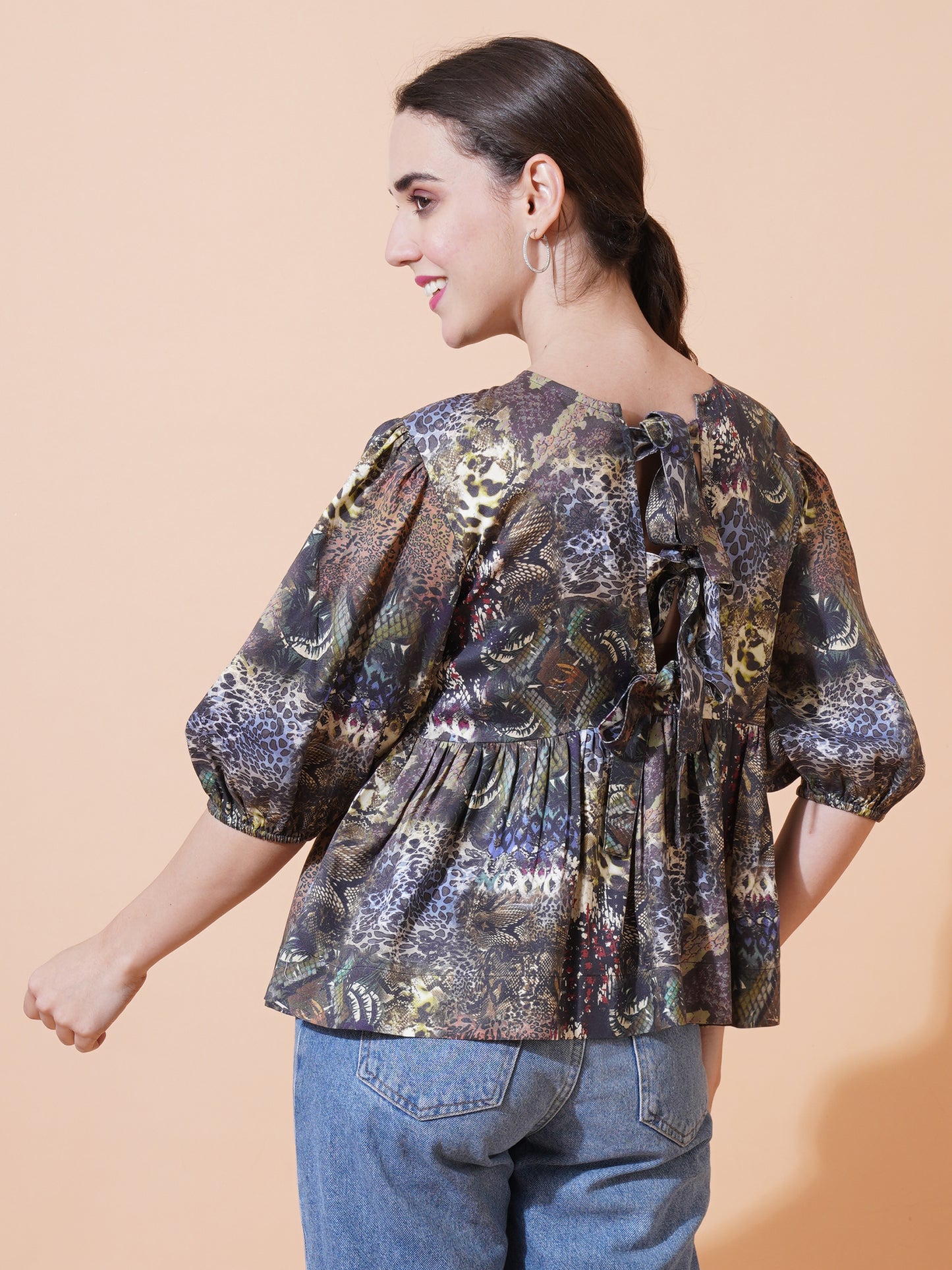 Womens Casual Puff Sleeves Peplum Top