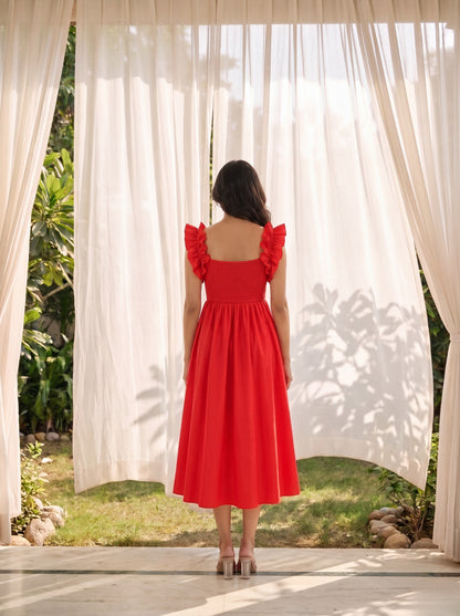 Red Ruffle Strap Maxi Dress