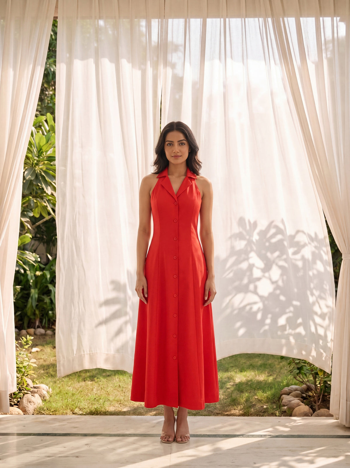 Tailored Button-Front Sleeveless Dress – Neostitch