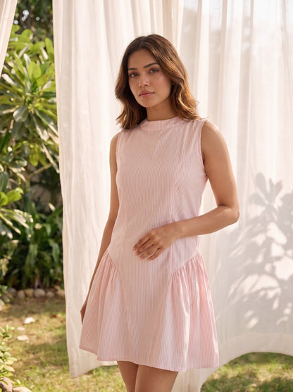 PINK PINSTRIPE DROP-WAIST MINI DRESS