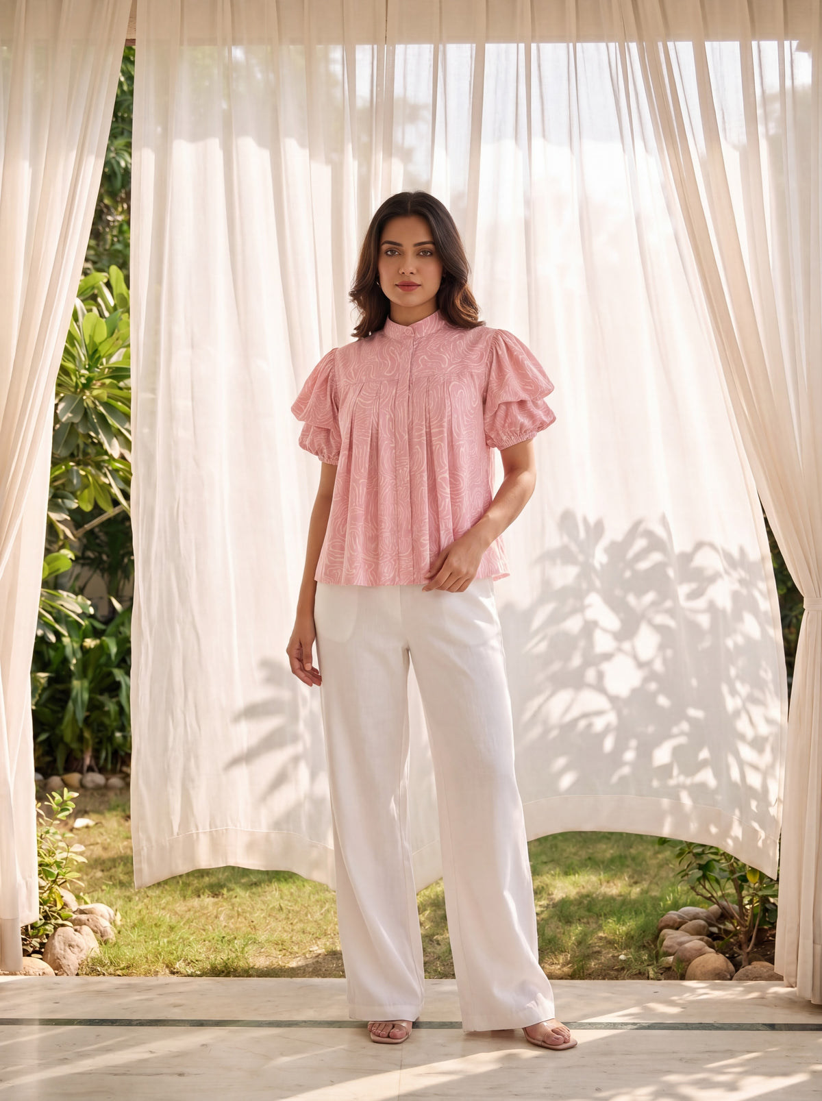 Pink Abstract Print Ruffle Sleeve Top