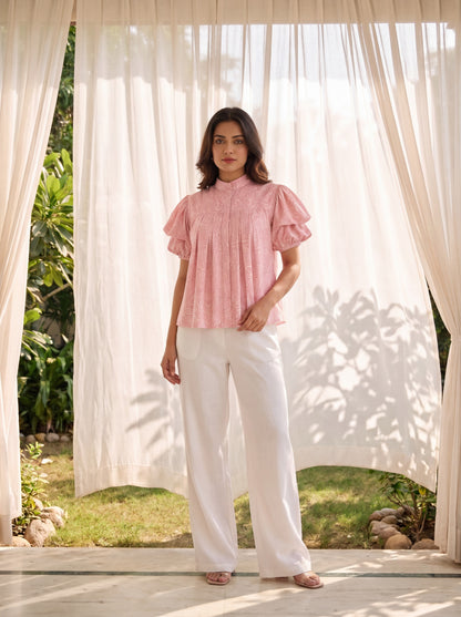 Pink Abstract Print Ruffle Sleeve Top