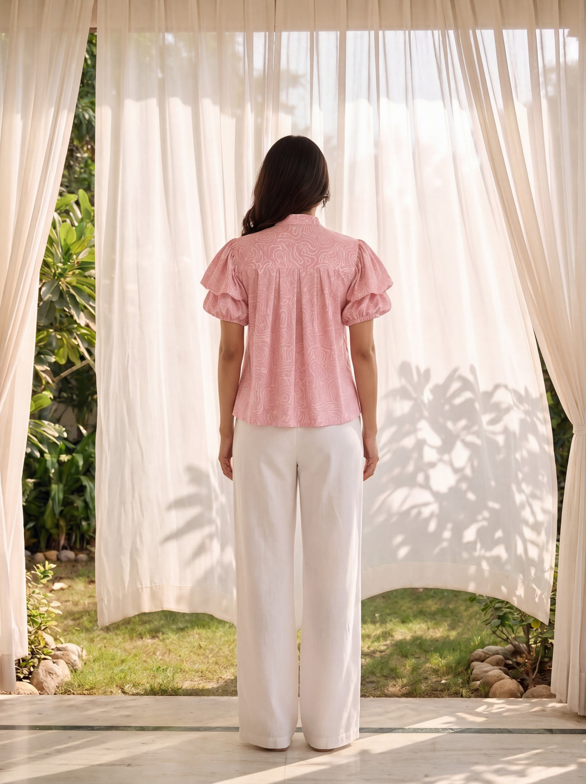 Pink Abstract Print Ruffle Sleeve Top