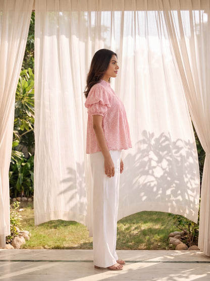 Pink Abstract Print Ruffle Sleeve Top
