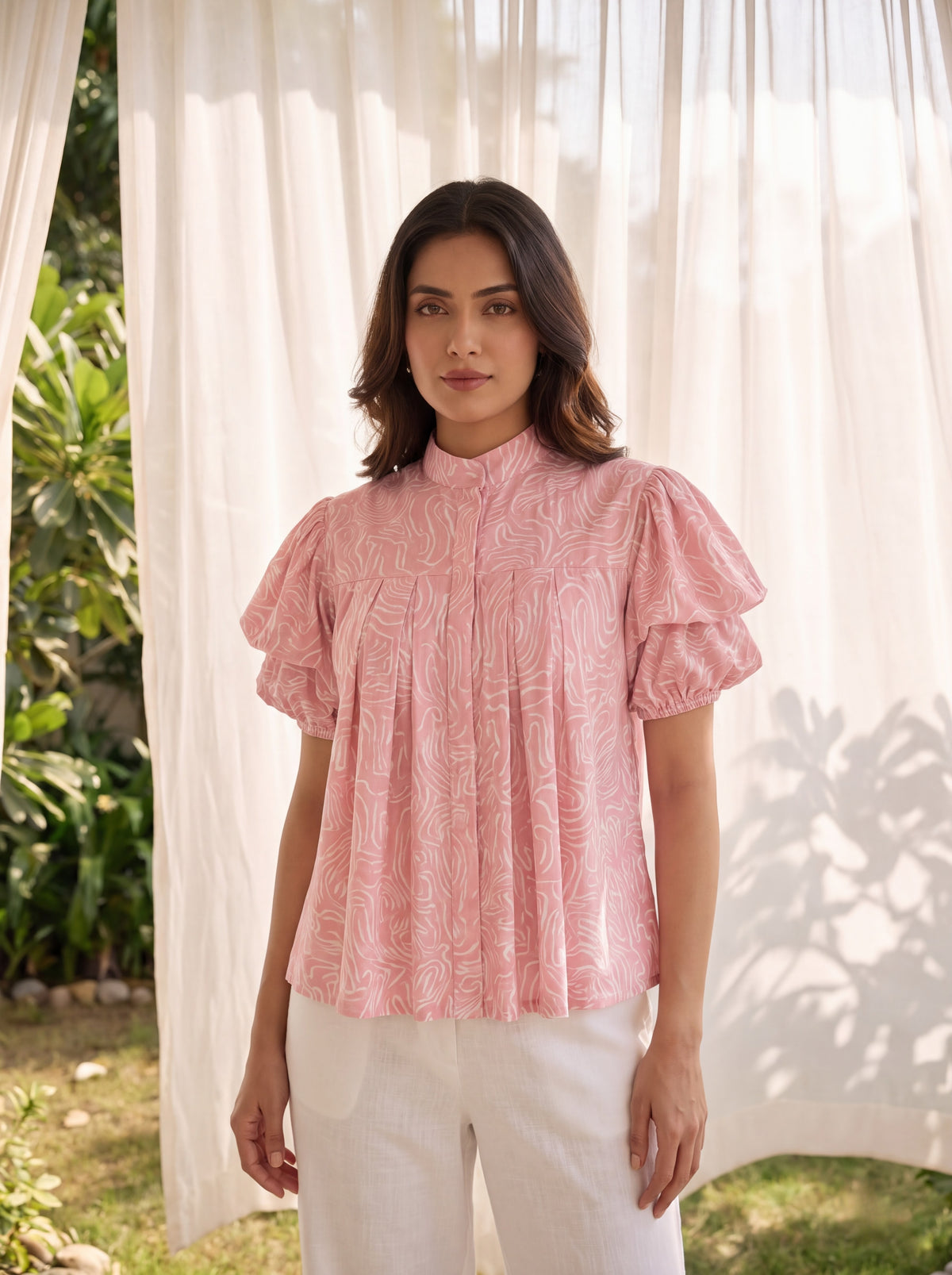 Pink Abstract Print Ruffle Sleeve Top