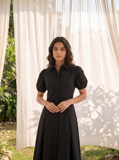 Women’s Black Puff Sleeve  Fit & Flare Shirt Dress