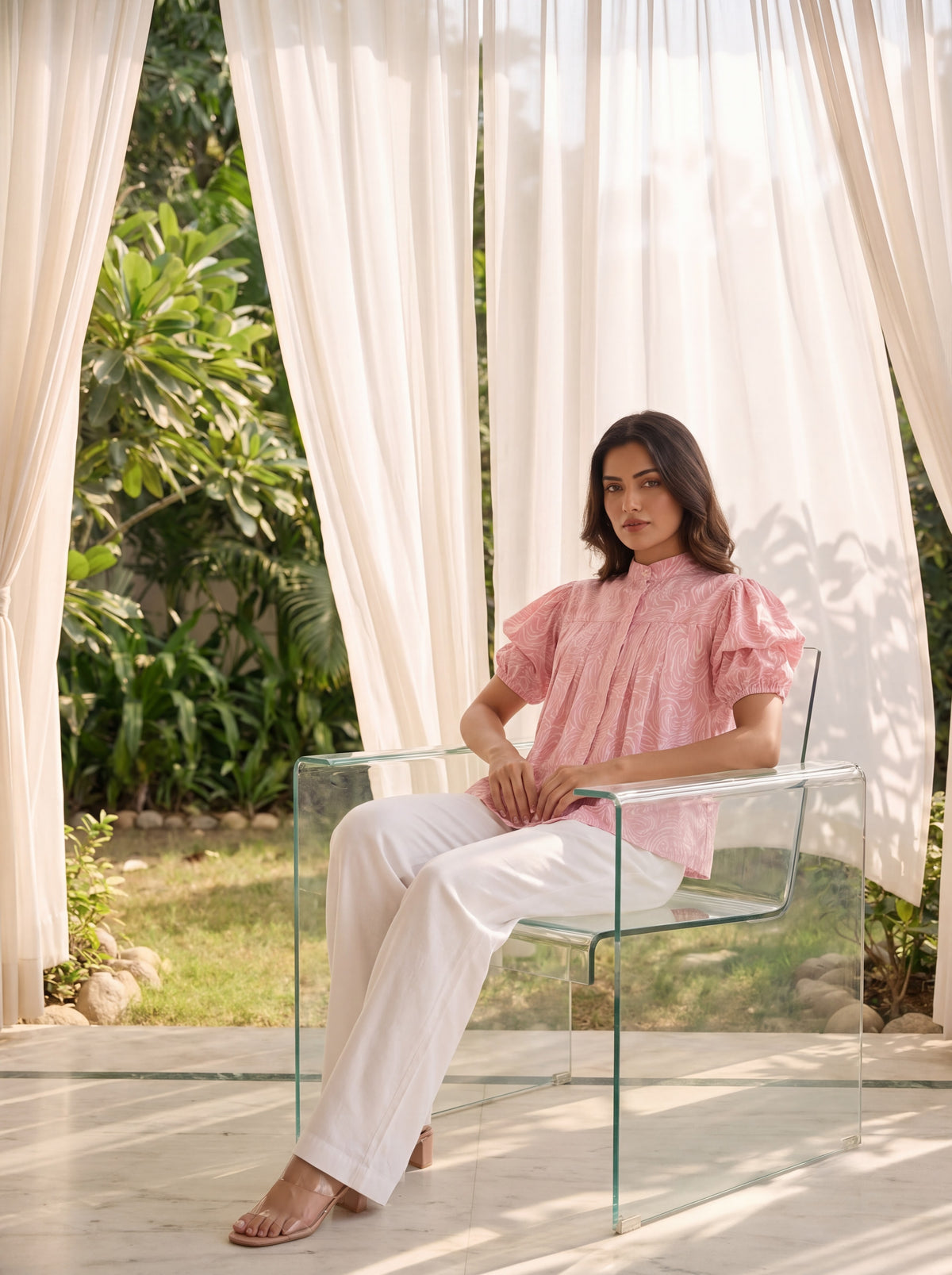 Pink Abstract Print Ruffle Sleeve Top