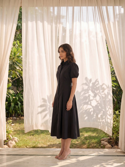 Women’s Black Puff Sleeve  Fit & Flare Shirt Dress