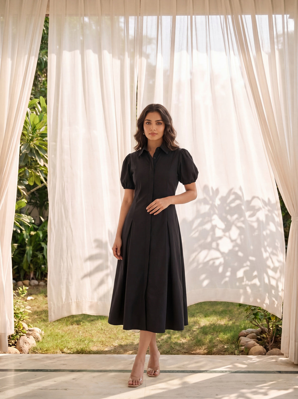 Women’s Black Puff Sleeve  Fit & Flare Shirt Dress