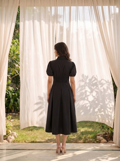 Women’s Black Puff Sleeve  Fit & Flare Shirt Dress