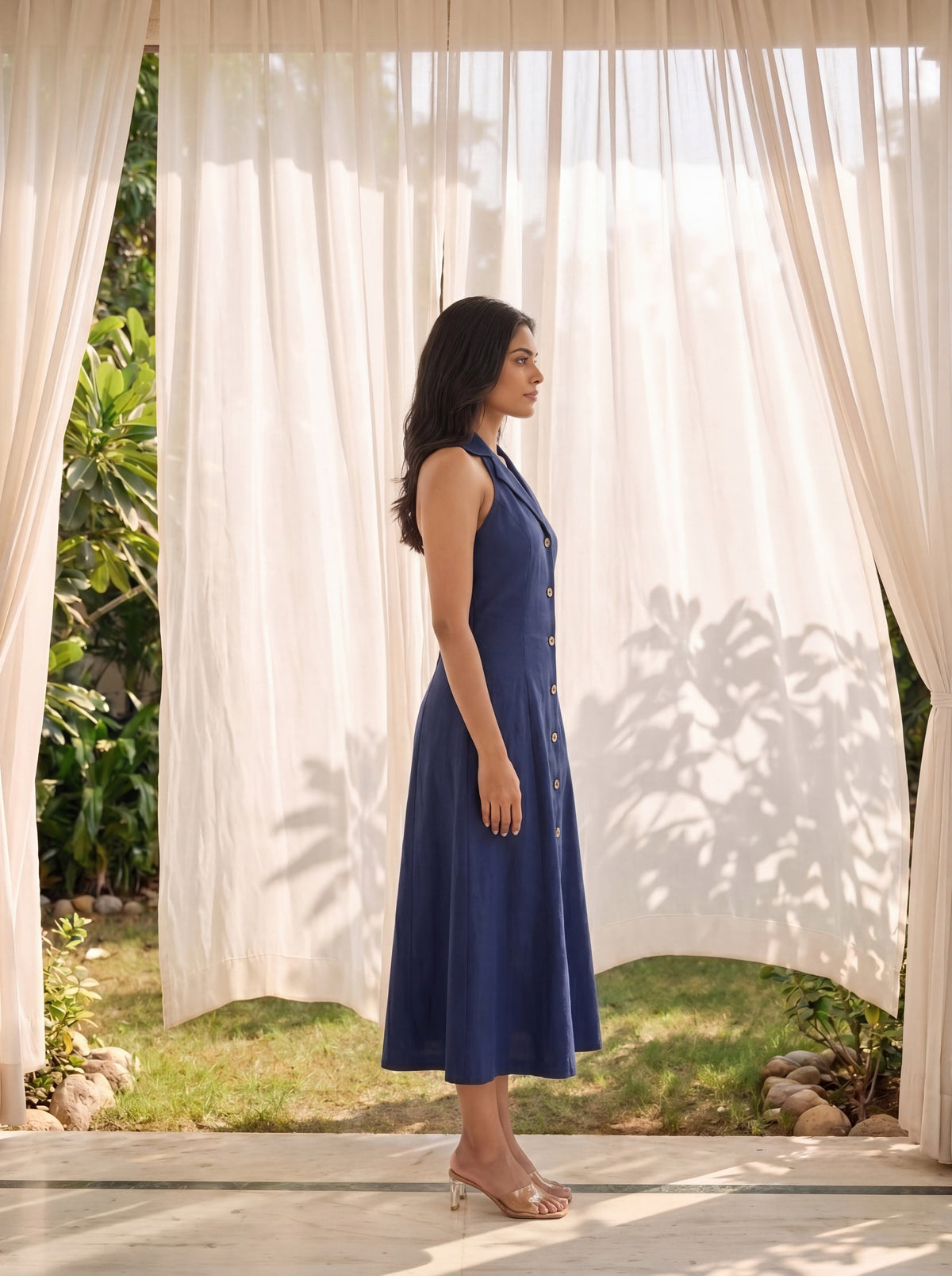 Denim Tailored Button-Front Sleeveless Dress
