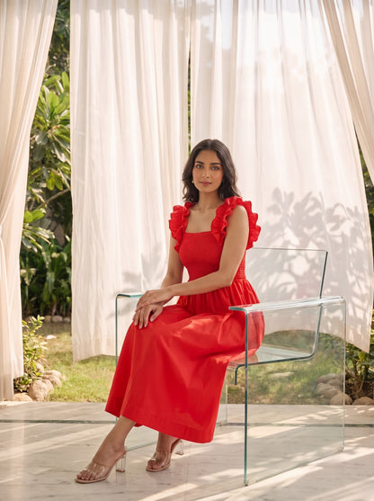 Red Ruffle Strap Maxi Dress
