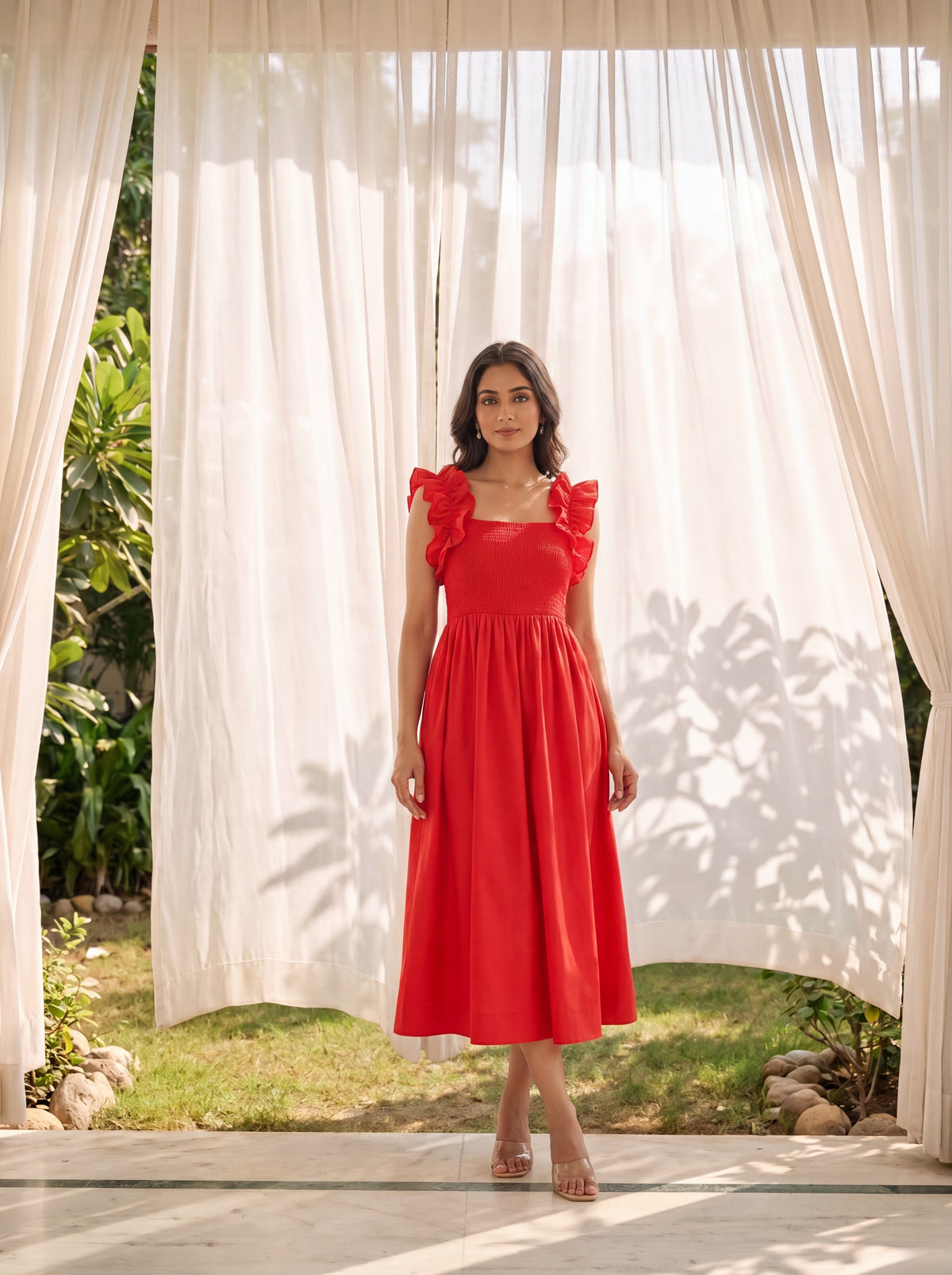 Red Ruffle Strap Maxi Dress