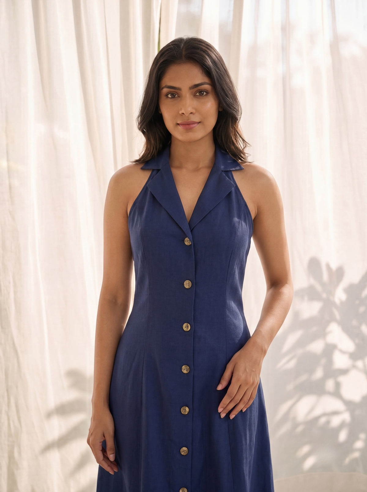 Denim Tailored Button-Front Sleeveless Dress