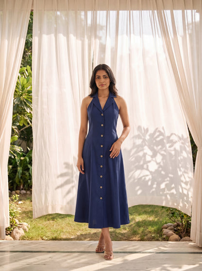 Denim Tailored Button-Front Sleeveless Dress