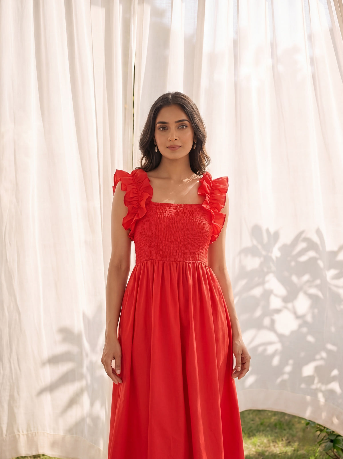 Red Ruffle Strap Maxi Dress