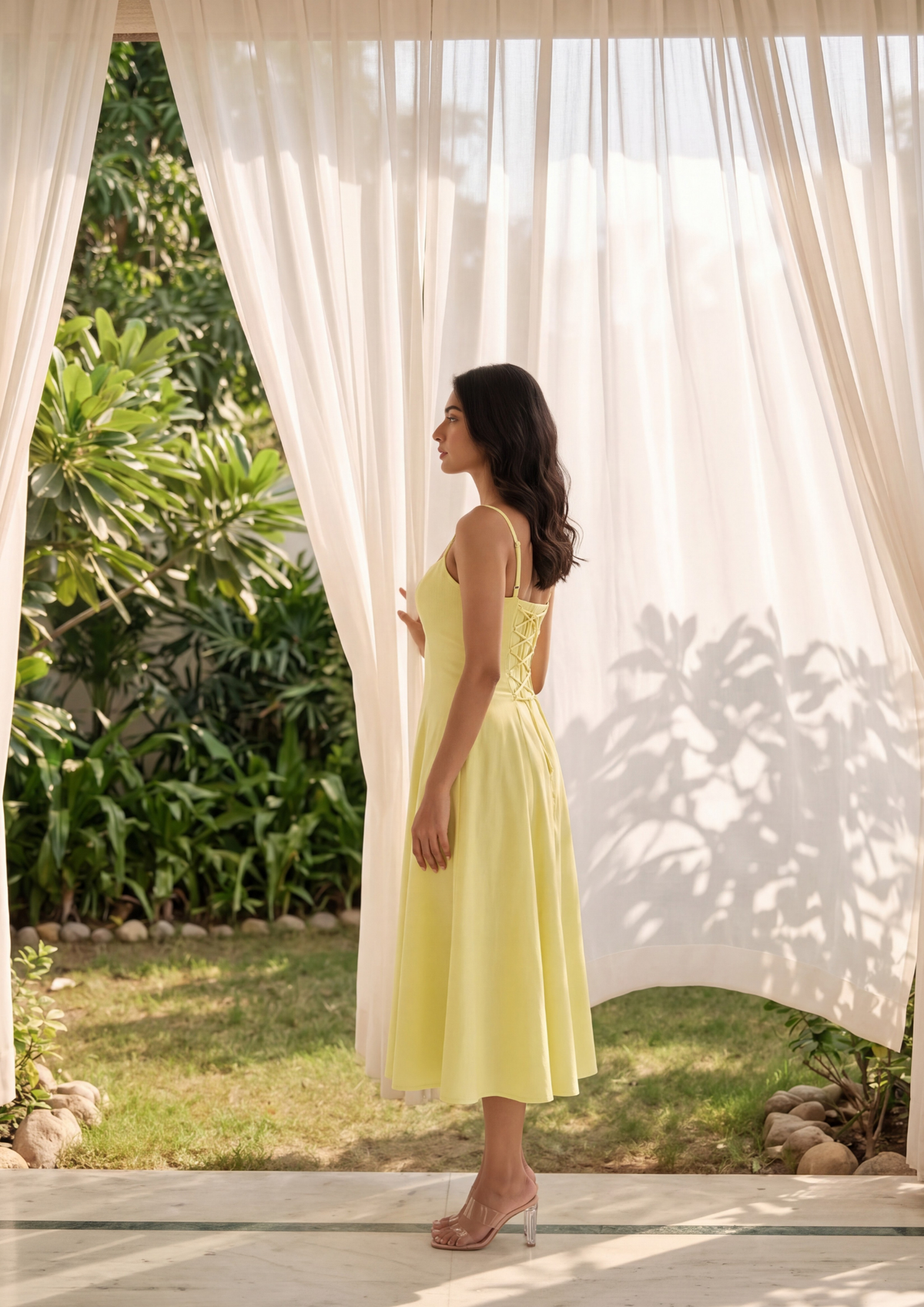 Yellow Lace-up Maxi Dress