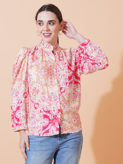 Womens Casual High Neck Top With Front Buttons