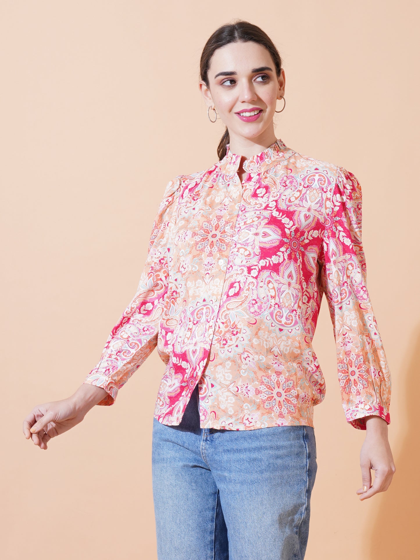 Womens Casual High Neck Top With Front Buttons