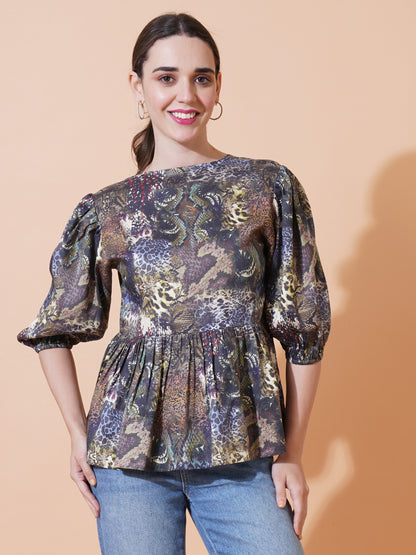 Womens Casual Puff Sleeves Peplum Top