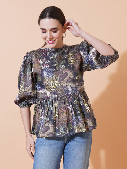 Womens Casual Puff Sleeves Peplum Top