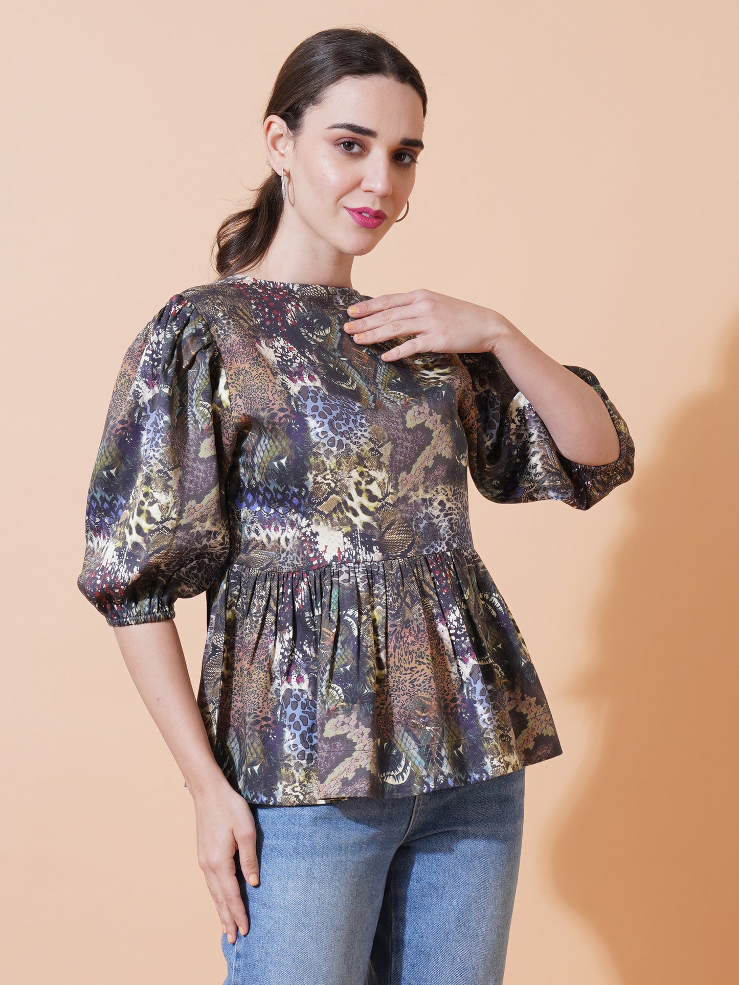 Womens Casual Puff Sleeves Peplum Top