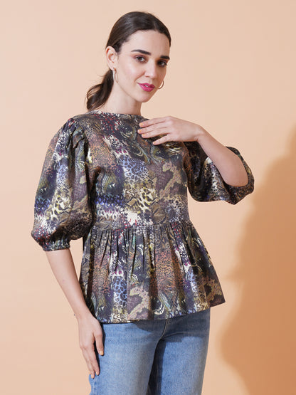 Womens Casual Puff Sleeves Peplum Top