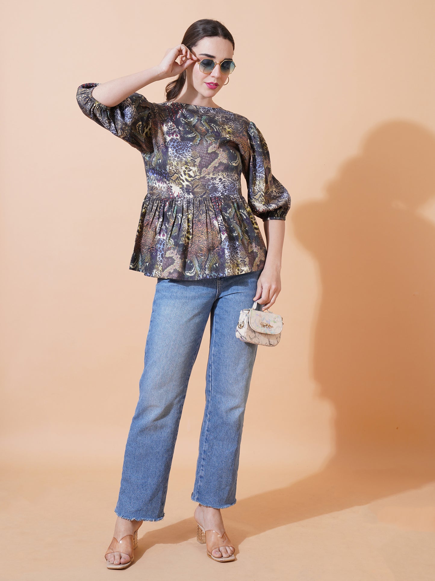 Womens Casual Puff Sleeves Peplum Top
