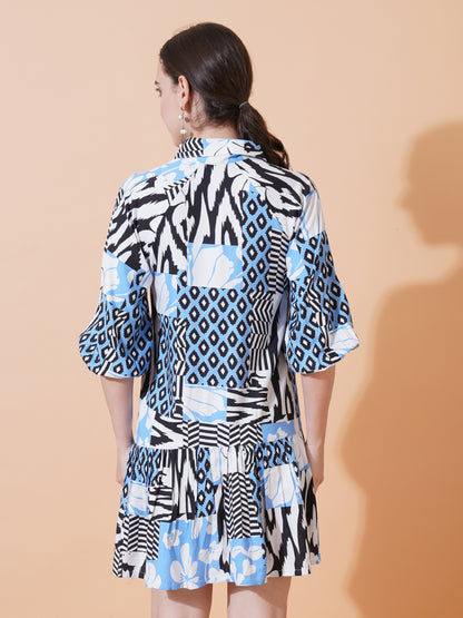 Womens Casual Shirt Dress With Front Button and Puff Sleeves