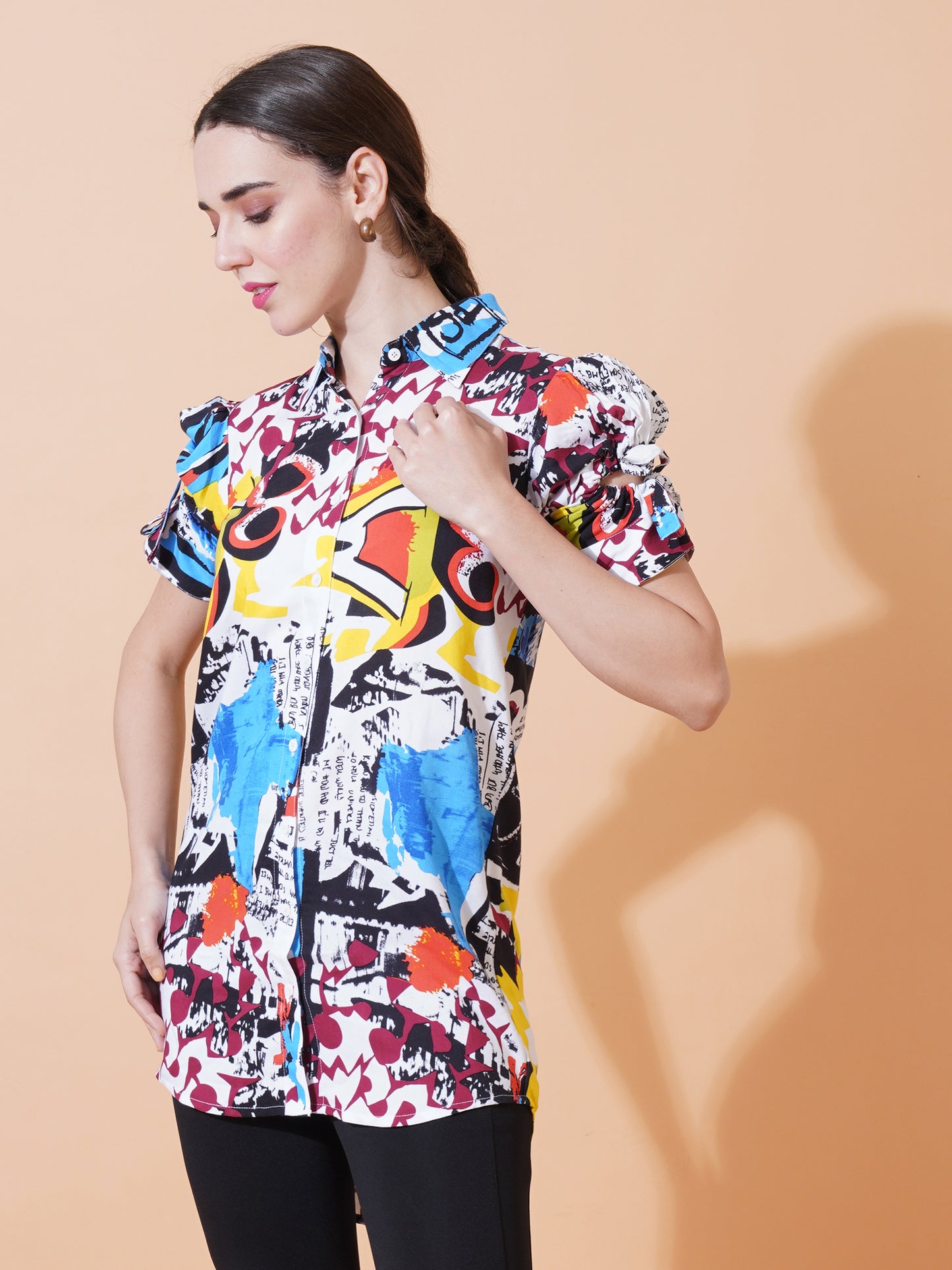 Womens Casual Puff Sleeves Top With Front Button