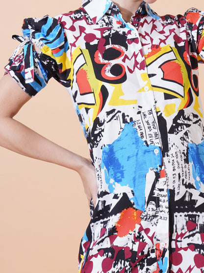Womens Casual Puff Sleeves Top With Front Button